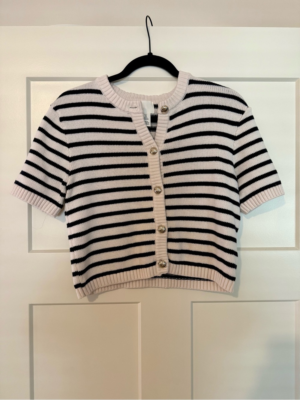 H&M Striped Short-Sleeve Button Cardigan Sweater - Black & Cream